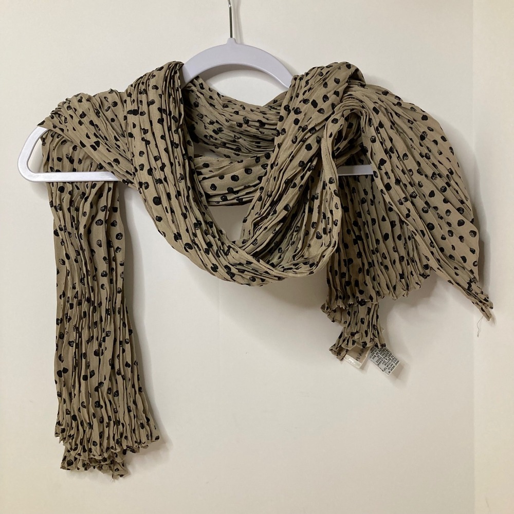 Womens Dana Buchman Crinkle Silk Polka Dot Scarf Tan Black 28 x 70"‎